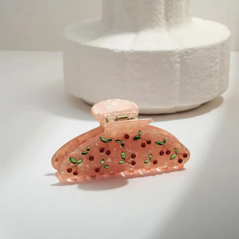 1 buah jepit rambut ceri, berhiaskan berlian imitasi, bertemperamen manis, retro, kemewahan ringan, untuk rambut kepang, jepit rambut model shark, aksesori rambut kecil dan segar