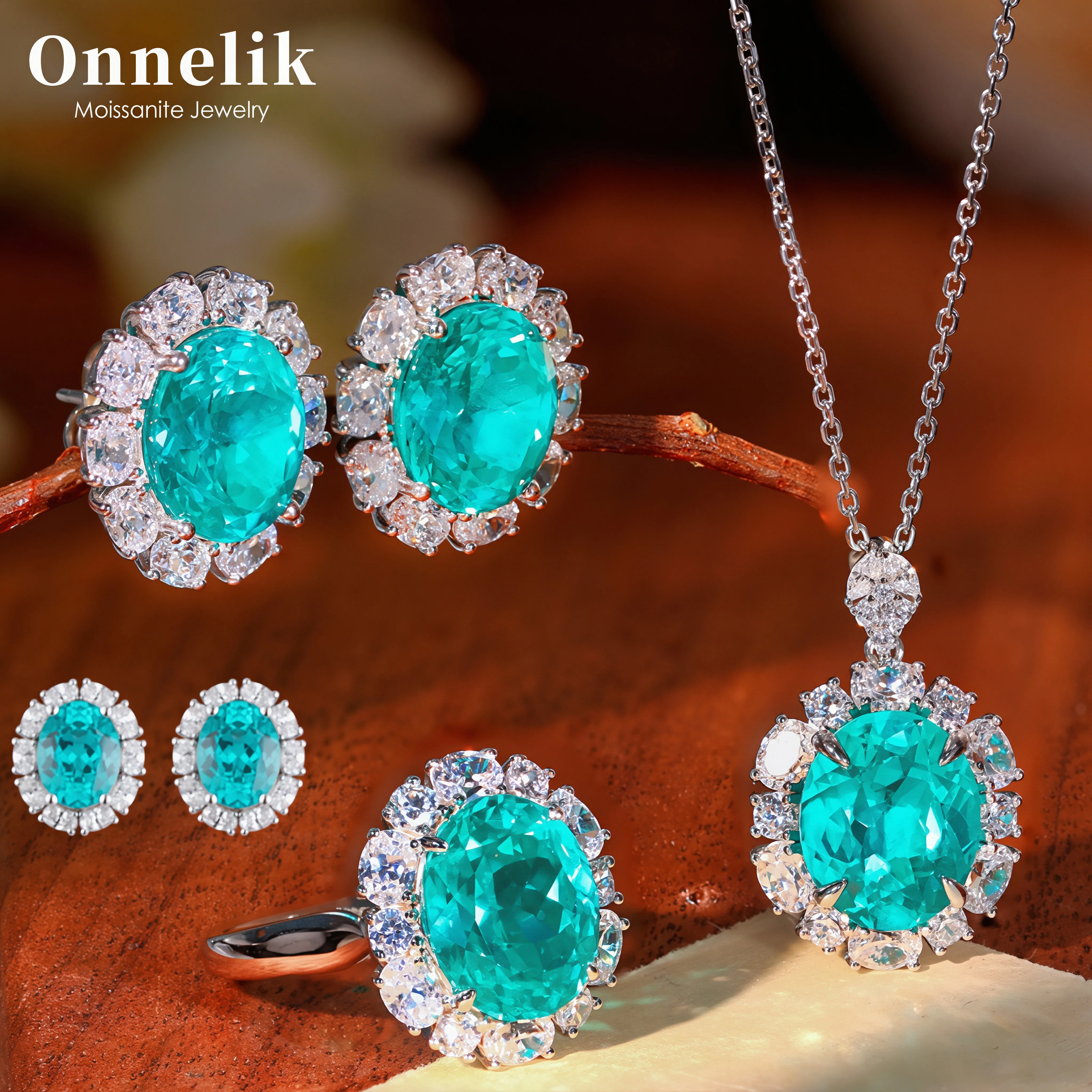 Onnelik 6CT Lab Grown Paraiba Luxury Jewelry Set 925 Sterling Silver 18K Gold Plated Fine Wedding Gift Collection for Women