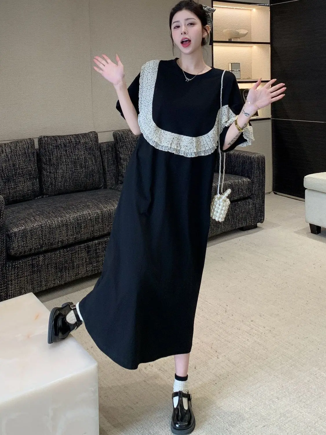 

Extra Large Size 300 Pounds Women's Short Sleeve Floral Trim Dress Korean Style Summer Long Dress Breathable Comfortable Casu...