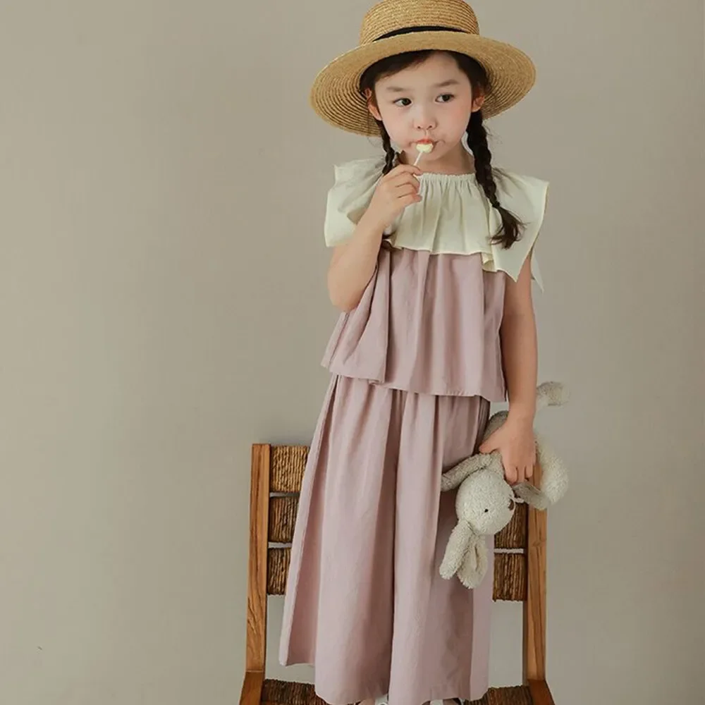 Summer Promotion Korean Casual Color Blocking Clothes Collar Vest Top+wide Leg Pants Two-piece Set for Girls