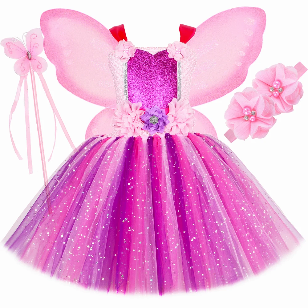 Glitzerndes Blumenmädchen-Feenkleid Rosa Lila Feenkostüm für Mädchen Kinder Halloween Geburtstag Party Tüll Prinzessinnenkleid