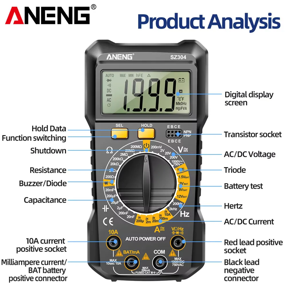 ANENG Digital Multimeter Professional Electrician Tool SZ304 True RMS Handheld NCV AC/DC Voltage Current Resistance Triode Teste