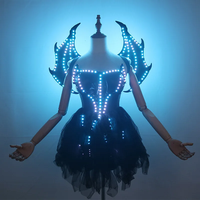 

Halloween Nightclub LED Light up Dress for Women Evil Wings Luminous Cosplay Anime Costume Rave Show Stage Performance Wear