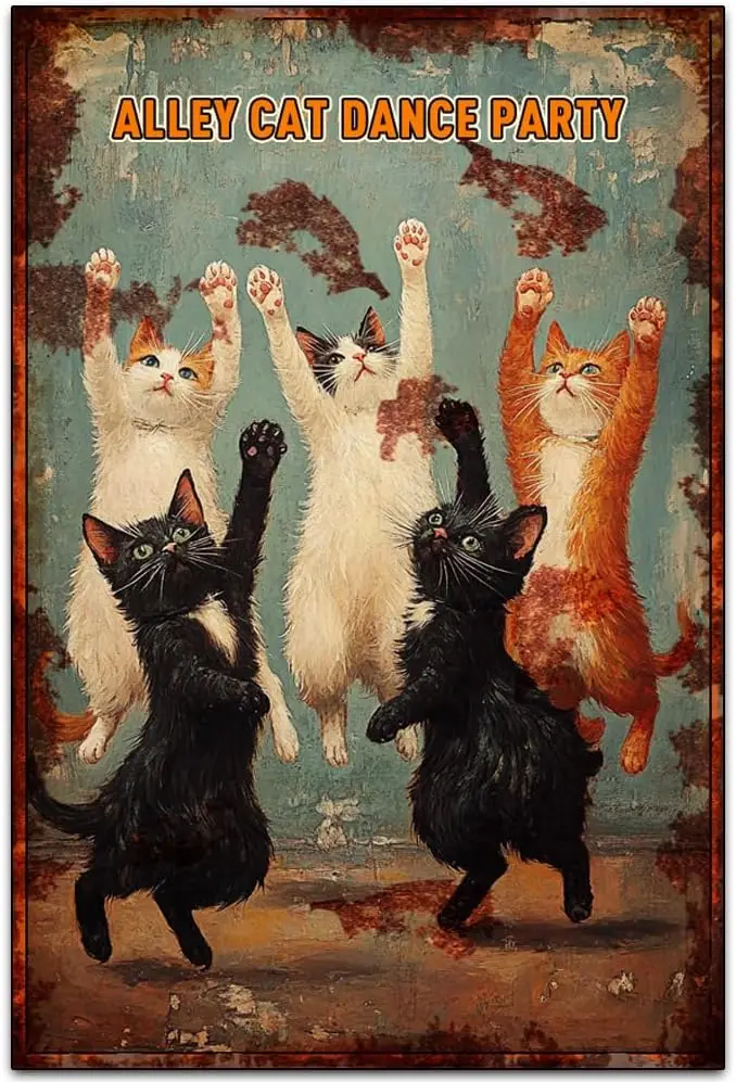 1p,Alley Cat Dance Party Tin Signs, Retro Classic Art Wall Decoration, Garage or Room Tin ​Painting Artwork, Original Vintage De