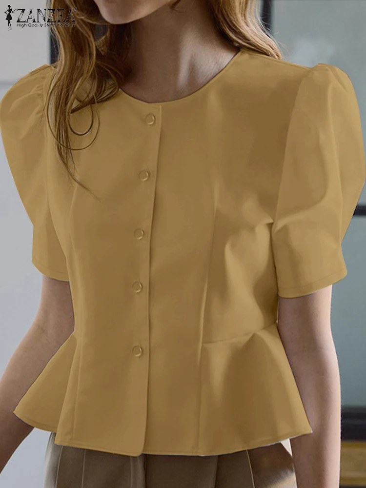 

2025 ZANZEA Summer Fashion Office Shirt Women Elegant Short Puff Sleeve Work Blouses Solid Buttons Up Tunic Tops Slim Fit Blusas