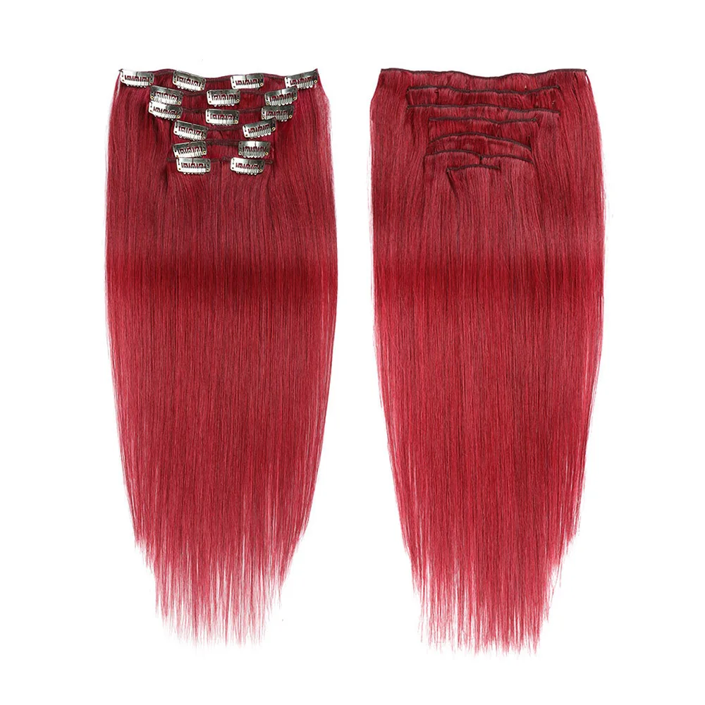 Clip In Hair Extensions Real Human Hair 14-18 Inch 7pcs Human Hair Extension Clip Ins Burgundy Wine Red Long Full Head For Women