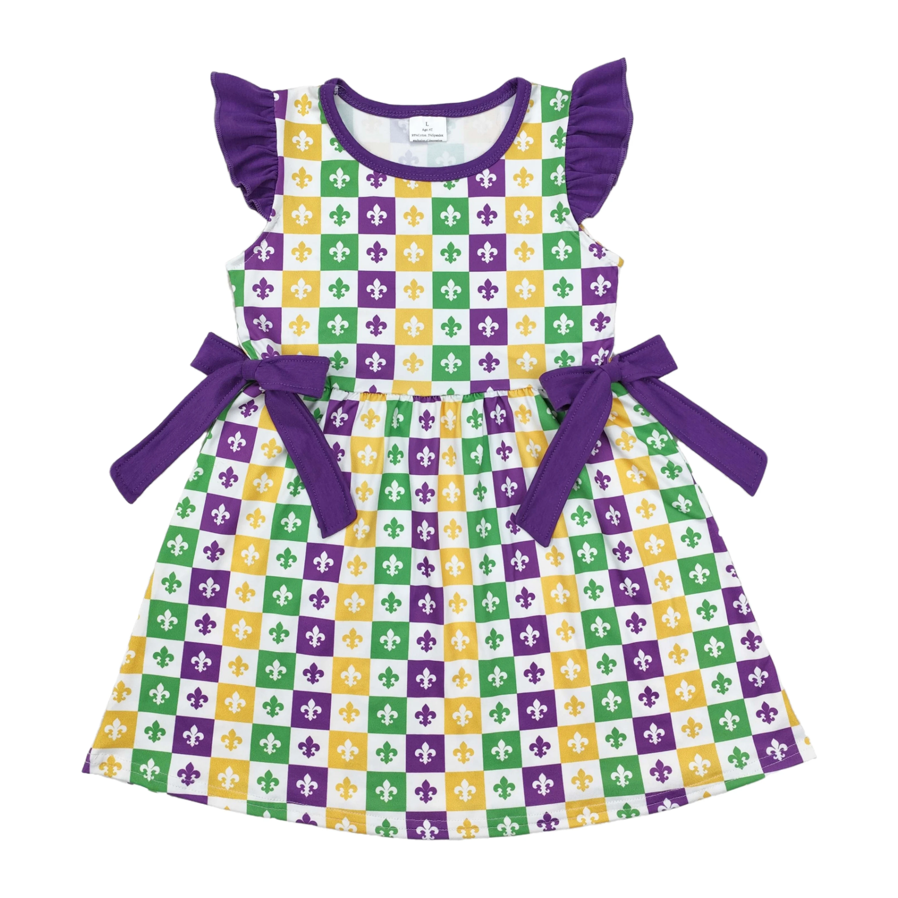 

Wholesale Baby Girl Mardi Gras Twirl Dress Toddler Infant Summer Short Sleeves Knee Length Kids Children Bows One Piece Clothing
