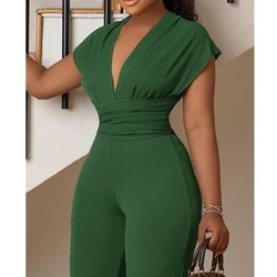 Jumpsuit Women Solid Color Waist Tight Green Jumpsuit Rompers High Waist Criss Cross Tie Back Summer Deep V-Neck Jumpsuit