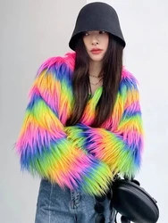 Fashion Colorful Rainbow Hairy Faux Fur Coat Women Crop Top 2024 Autumn Winter Fluffy Cropped Jacket Festival Clothing