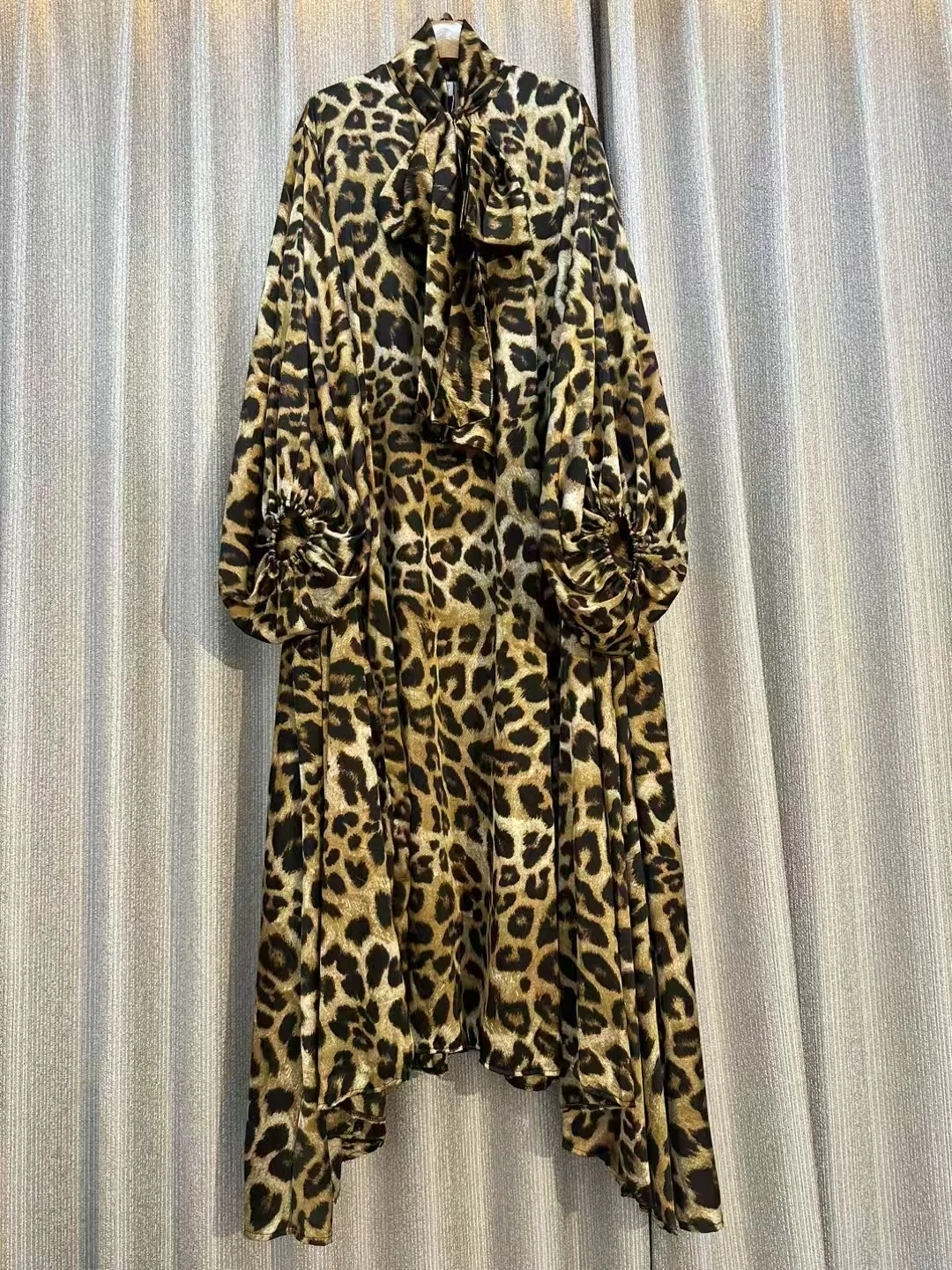 Jarlrysberg High Quality Print Maxi Dress Women Lantern Sleeves Bow Lace Up Slim Tie Dye Sundress Vacation Leopard Long Dress