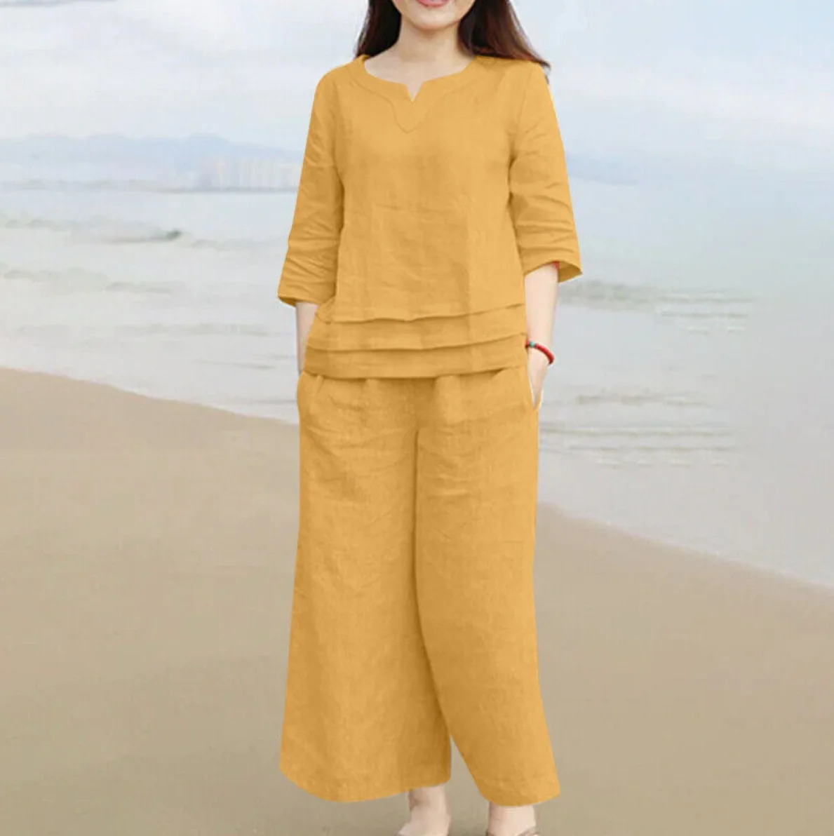 

Pant Sets Women Pantsuit Women 2PCS V Neck Three Quarter Sleeve Top Wide Leg Pants Set With Loose Fit Soft Solid For Comfortable