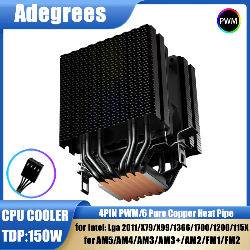 6 أنابيب الحرارة وحدة المعالجة المركزية مبرد الهواء 4 دبوس PWM RGB الأسود PC مروحة التبريد هادئة إنتل LGA 1700 2011 1200 1156 X79 X99 1366 AMD AM4 AM3 AM5