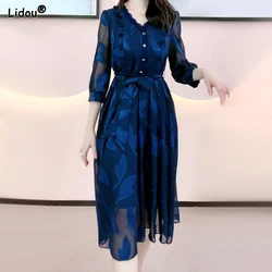 New Women's Clothing Temperament V-neck Skinny Summer Thin Printing Three Quarter Sleeve Fashion Casual Button Patchwork Dresses