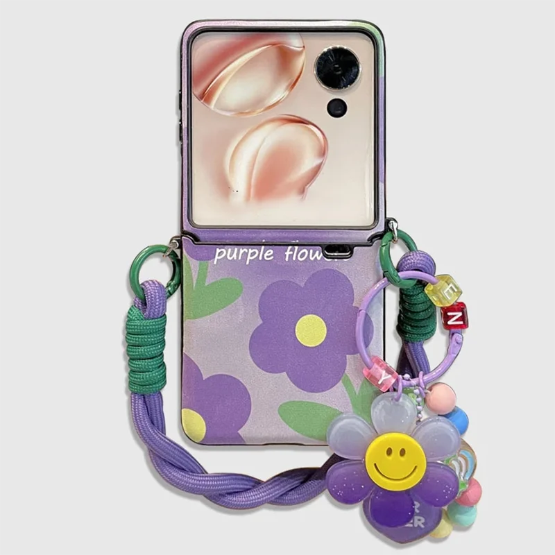 

For Honor Magic V flip Case cute Purple Smiling Sunflower Phone Case Kawaii Leather cover with hinge