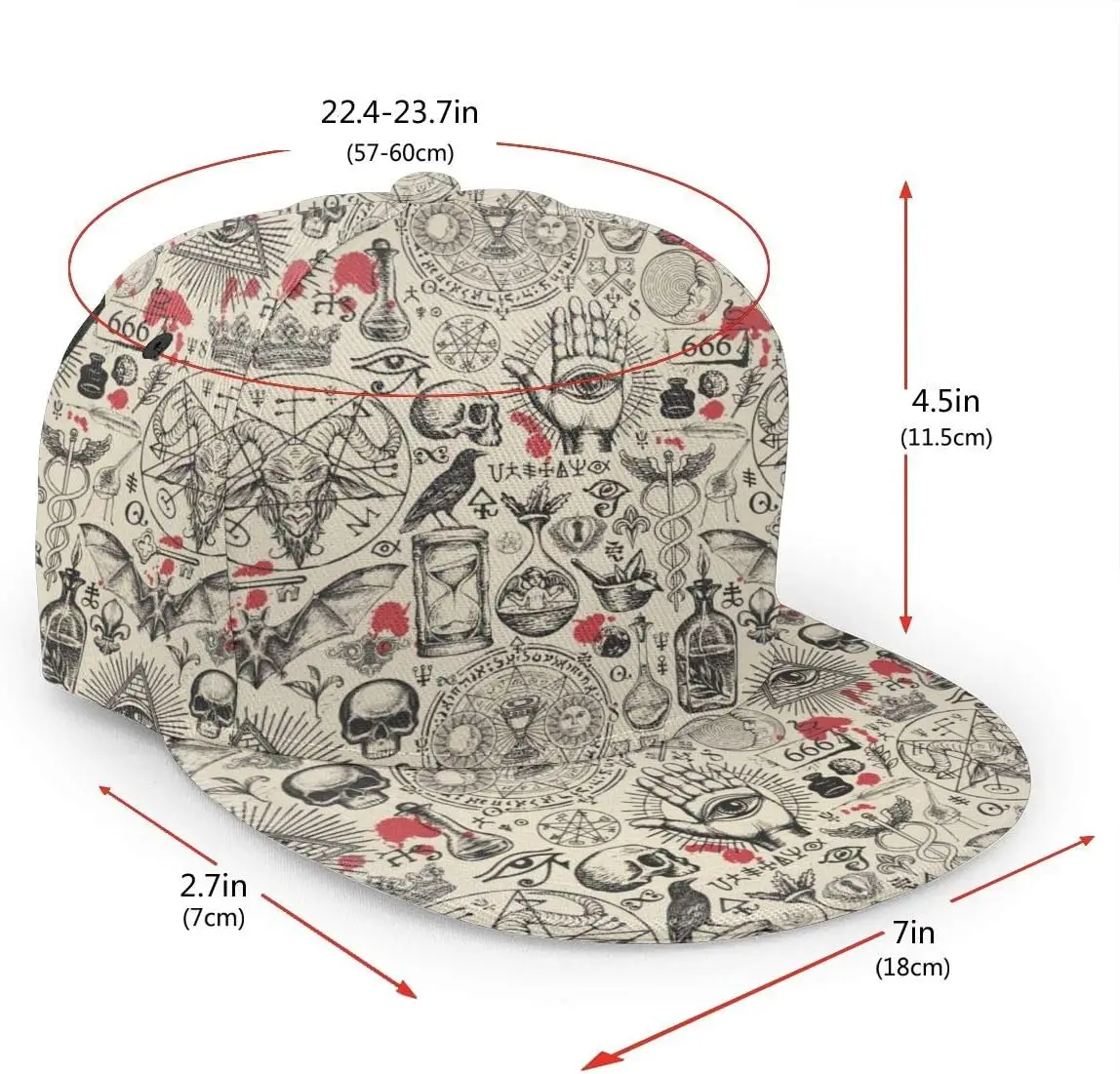 Abstract Pattern On Occult Theme Flat Bill Brim Cap, Cool Hip Hop Trucker Hat Men Women Adjustable Baseball Caps