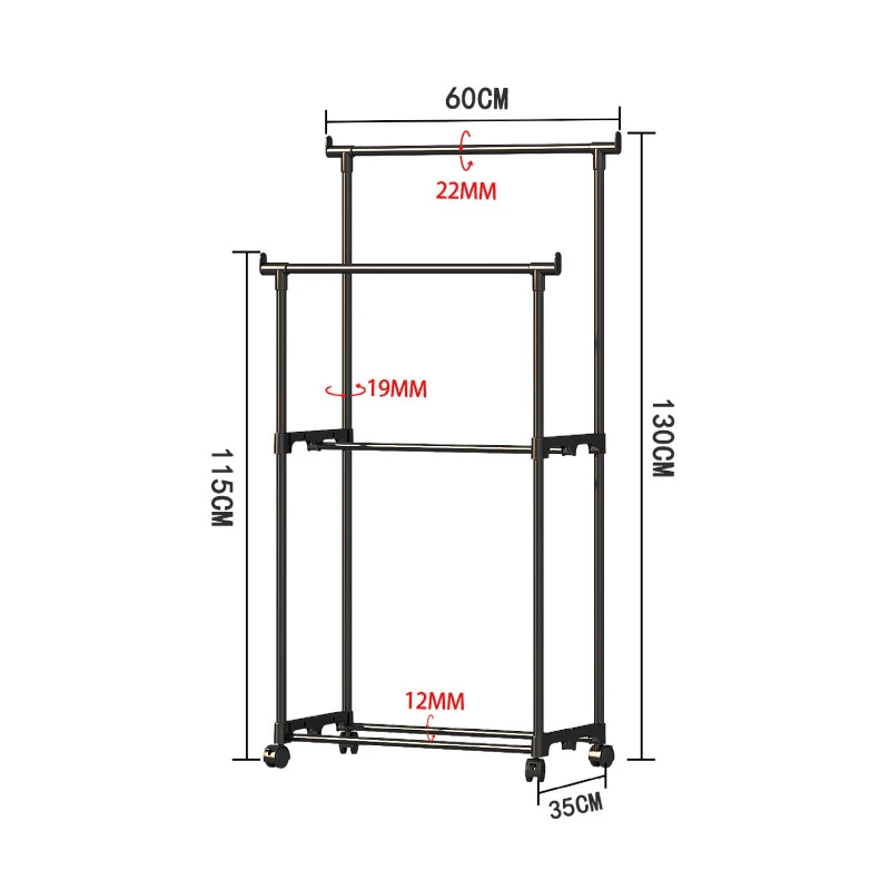 Floor Standing Coat Rack Movable Bedroom Double Rod Hanging Clothe Rack Multilayer Storage Rack For Clothes Hats And Shoe