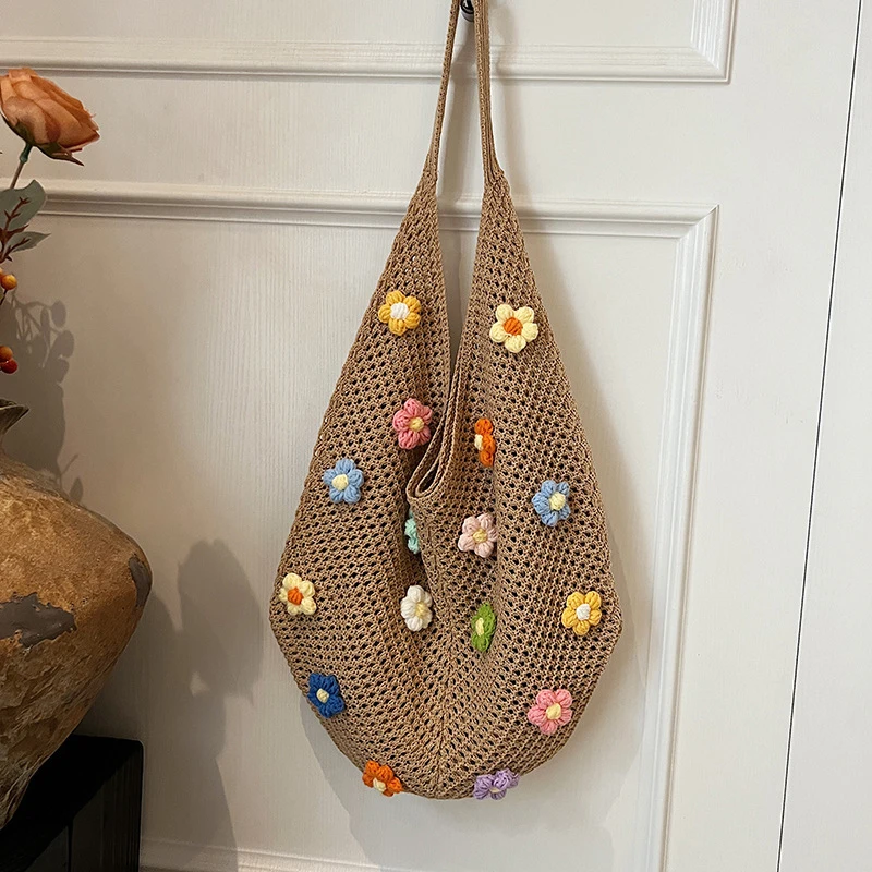 

Fashion Women's Hollow Woven Shoulder Bags Large Capacity Knitting Underarm Bag Solid Crochet Tote Handbag Summer Mesh Beach Bag