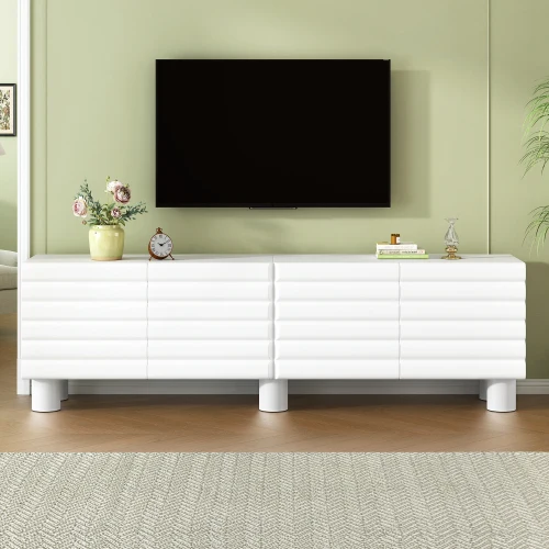 

# Thick Wavy Glass MDF TV Stand Adjustable Shelves Cream Style Floor Mount 4 Cabinets Media Console