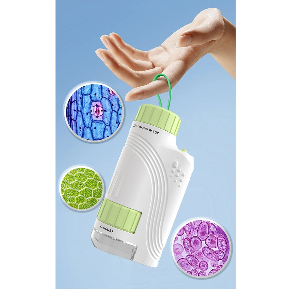 Microscope portatif 60x-120x, jouet détachable avec dragonne, Microscope de poche pour enfants avec lumière LED