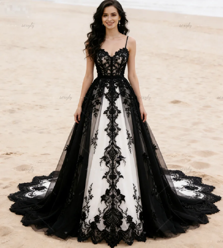 Bohemian-inspired Black And White Wedding Dress Gothic Mystical Spaghetti Straps A Line Lace Beach Bridal Gowns With Train 2026