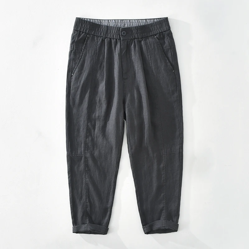 

Новые льняные брюки до щиколотки для мужчин на весну-лето, винтажные, тонкие, с эластичным поясом, повседневные