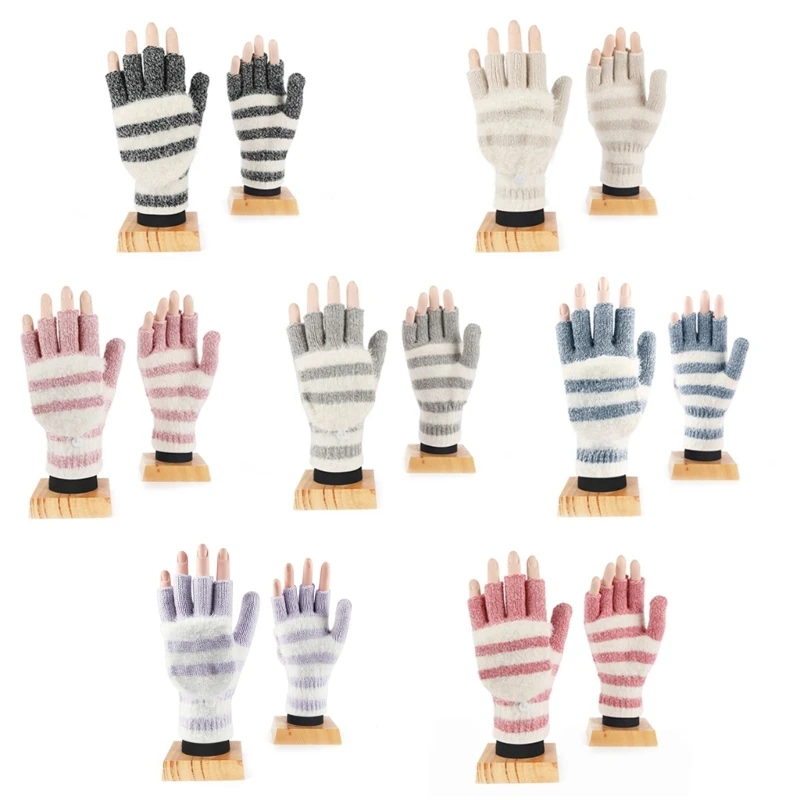 Winter Warm Plush Gloves Striped Glove with Knitted Fingerless Mitten NEW