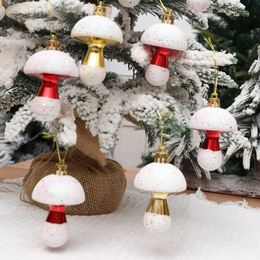 6Pcs/Box Electroplated Plastic Mushroom Christmas Tree Ornament DIY Crafts Painted Plastic Christmas Gifts Boxes Pendant