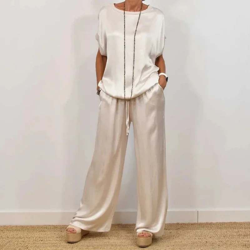

Casual Solid Satin Women's Two Pieces Set 2025 Spring O Neck Short-sleeved Tops & Lace-up Pants Outfits Summer Loose Female Suit