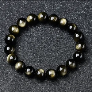 Natural dourado obsidiana pedra contas pulseira masculino feminino luz dourada arco-íris obsidiana pedra bruta grânulo redondo jóias de energia natural 10 principais vendas obsidiana pulseira - №3