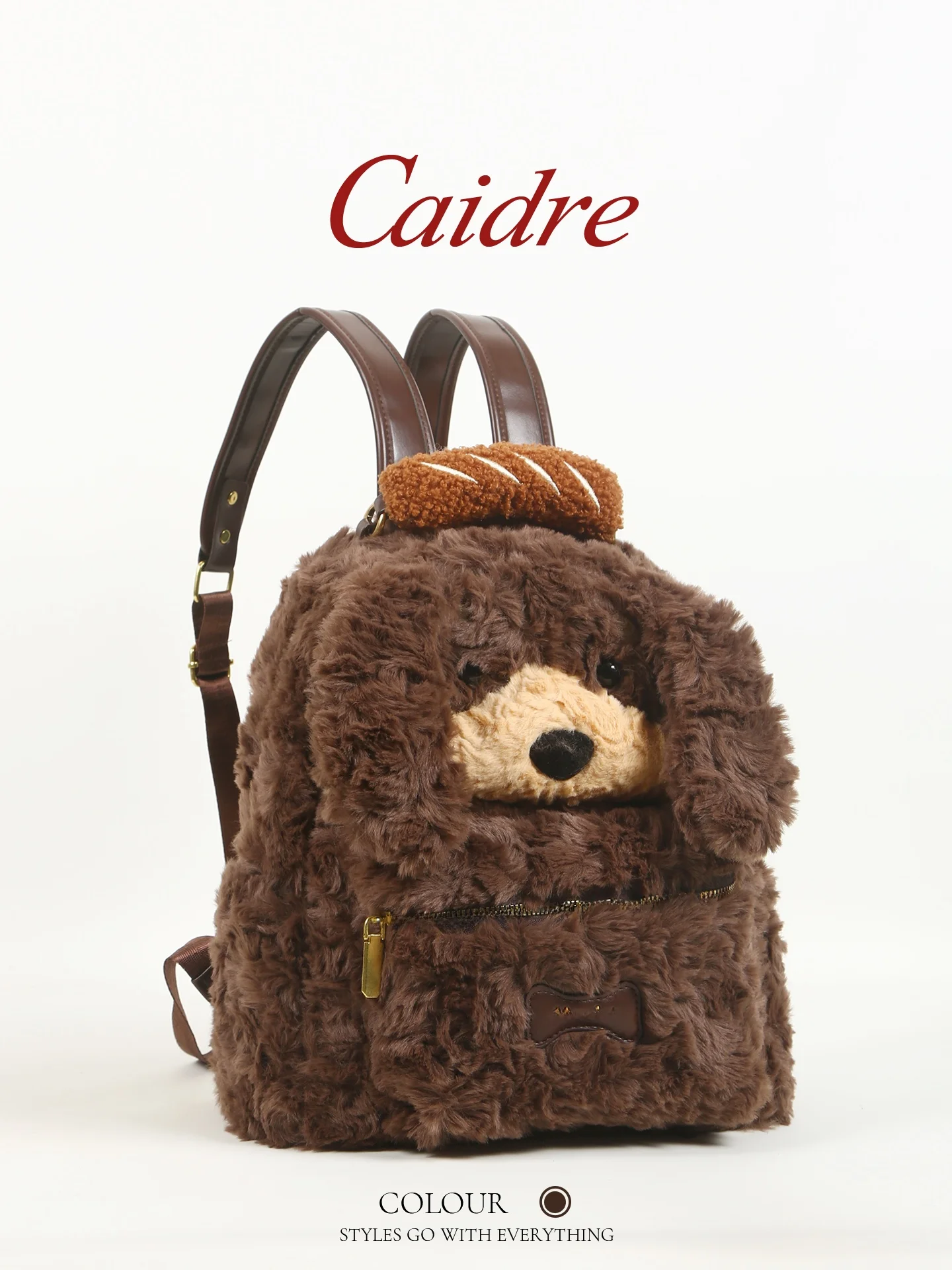 

Caidre Cute Little Dog Plush Backpack Soft Shoulder Bag for Women Commuter Style Zipper Closure Bucket Shape Fashion Gift