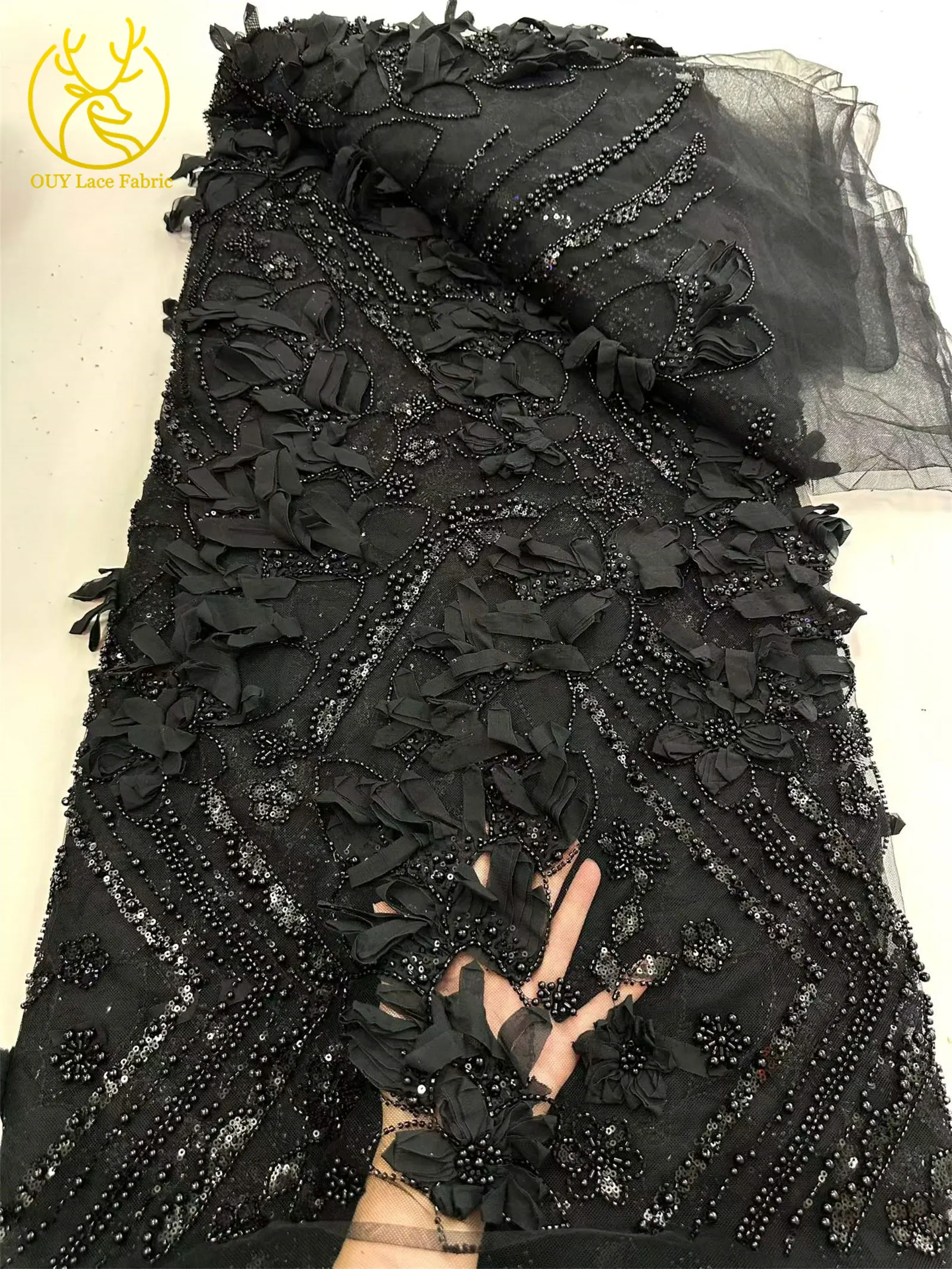 3D Nigerianischer Mesh-Tüll-Spitzenstoff 2026 Hochwertiger Afrikanischer Pailletten-Perlen-Spitzenstoff für Damen-Abendkleider zum Nähen – Detail 11