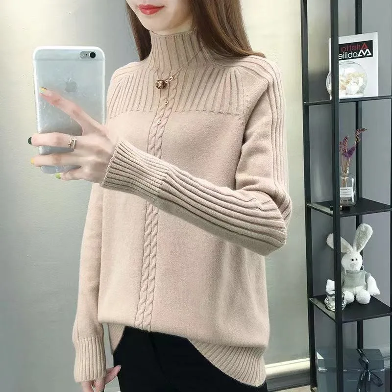 

Autumn and Winter Women's Pullover High Neck Long Sleeve Solid Color Patch Screw Thread Loose Knitted Fashion Casual Tops