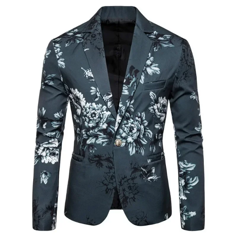 

2024 Mens Floral Print Blazer Jacket Men Korean Trend Streetwear Hip Hop Casual Suit Male Slim Fit Blazers Masculino Homme Coat