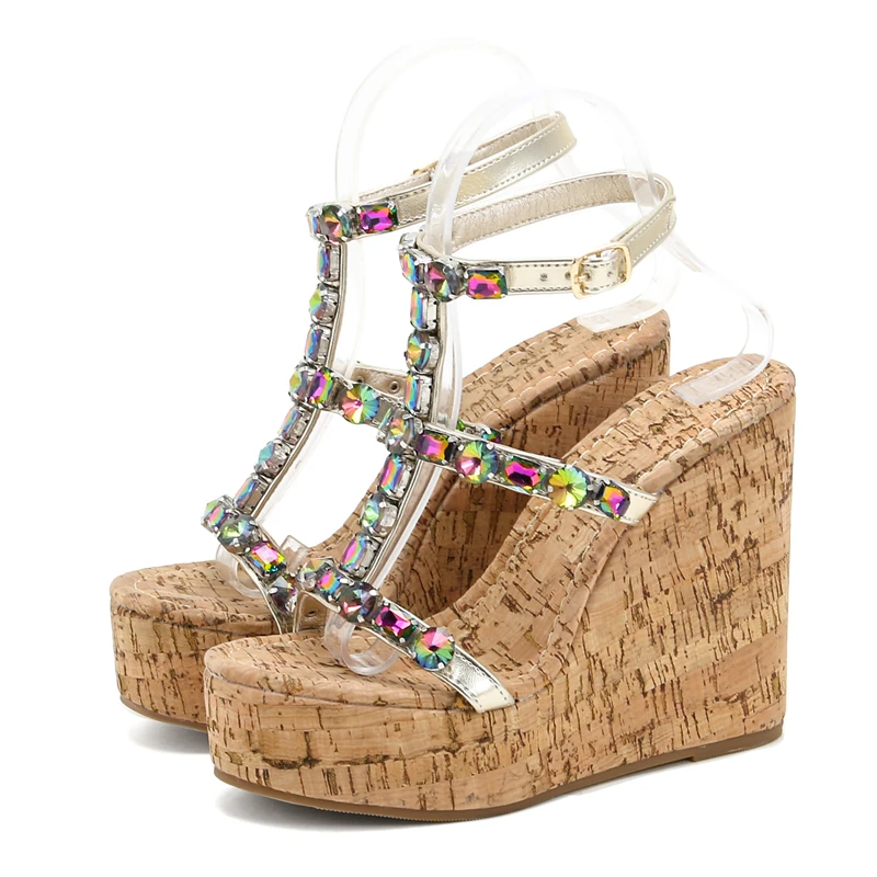 Eilyken Open Toe CRYSTAL Rhinestone Sandals Women Fashion Style Platform Wedges Wood Grain High Heels Female Shoes