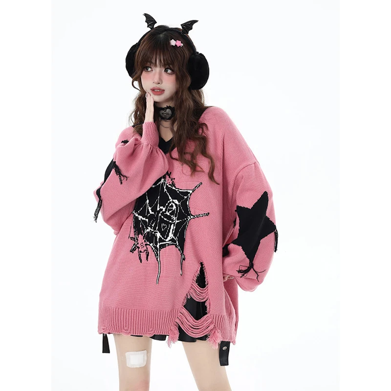 سترة نسائية مطبوعة من MEXZT Y2K 2000S بلوفرات هاراجوكو ممزقة كبيرة الحجم بلوفرات محبوكة على الطراز القوطي على شكل حرف V سترة شتوية