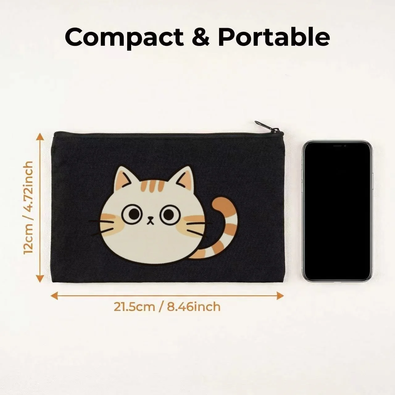 1PC Minimal Flat Cartoon Chubby Ginger Cat Print Makeup Bag Double Sided Canvas Daily Storage Organizer