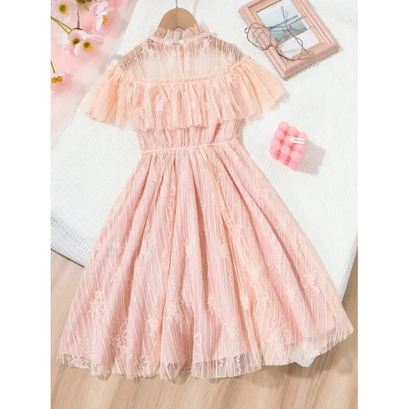 Korean fashion lace, solid color princess dress, slightly elastic, children's slim fit, popular style