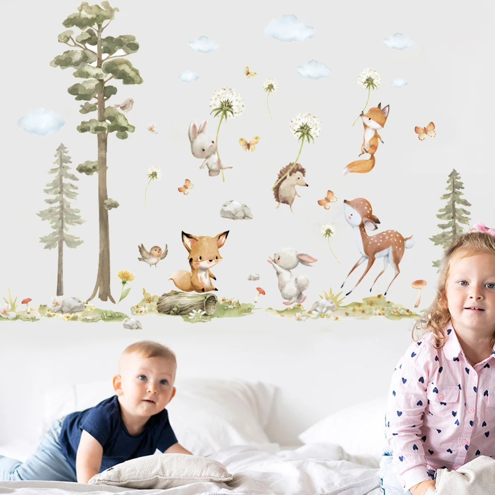 Cute Forest Animals Wall Stickers for Kids Rooms Girls Boys Baby Room Decoration Cartoon Bunny Fox Tree Wallpaper Self-adhesive