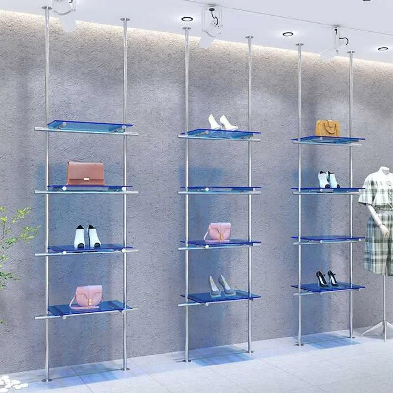 custom，Clothing shoe store shoe rack display rack wall column stainless steel live ask acrylic display bag storage shelves