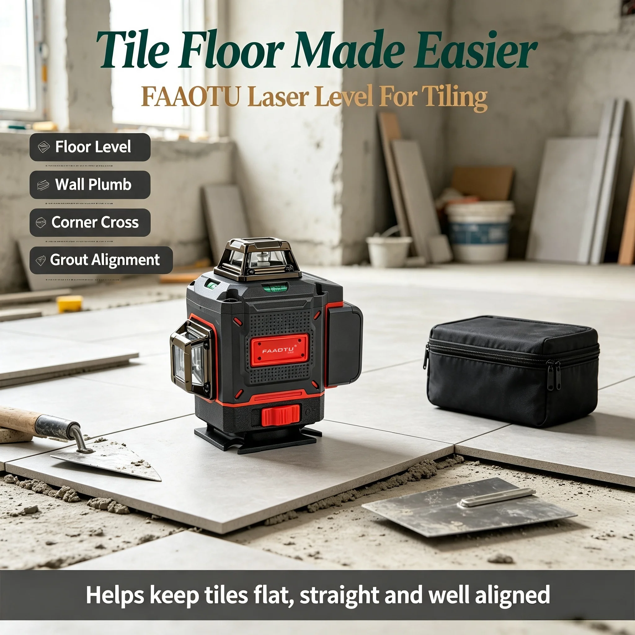 FAAOTU 3D Cross‑Line Laser Layout Tool High Bright Green Beam Layout Instrument Rechargeable For Construction Aligning