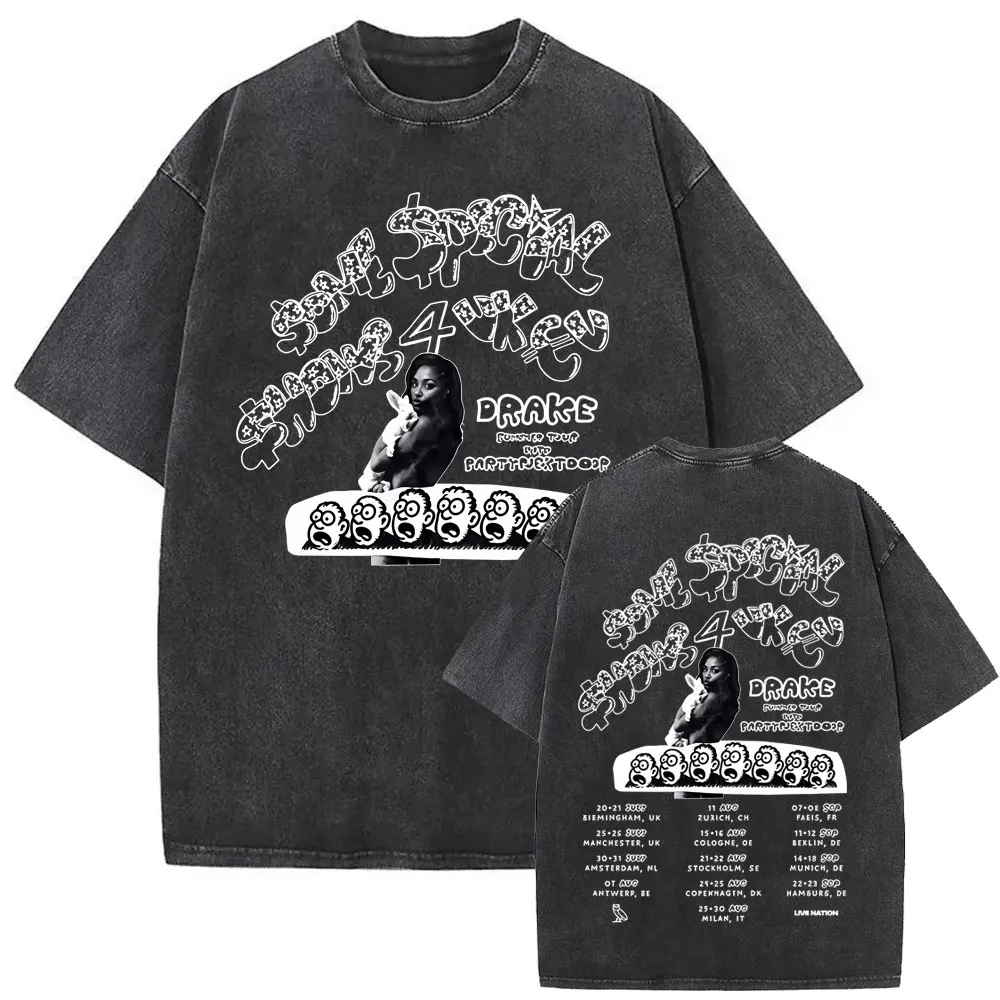 

Washed Vintage Rapper Drake Europe Tour with Partynextdoor 2025 T-shirt Men Women Hip Hop Fashion Oversized Short Sleeve T Shirt