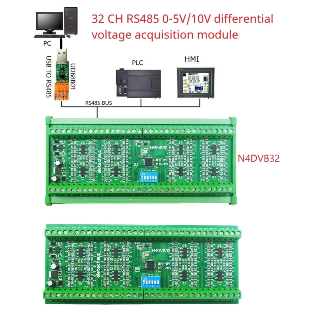 

Коллектор дифференциального напряжения RS485 32-AI, Modbus RTU 0-5 в 0-10 В, аналоговая Входная система сбора сигнала ADC, 12 В 24 В постоянного тока, N4DVB32