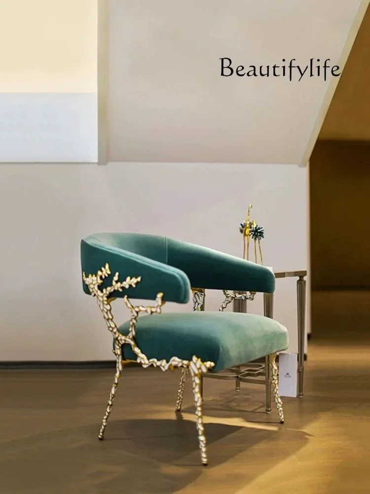 

muebles para hogar Italian Simple Metal Pure Copper Dining Chair Living Room Fabric Craft Single Modern Simple Leisure Armchair