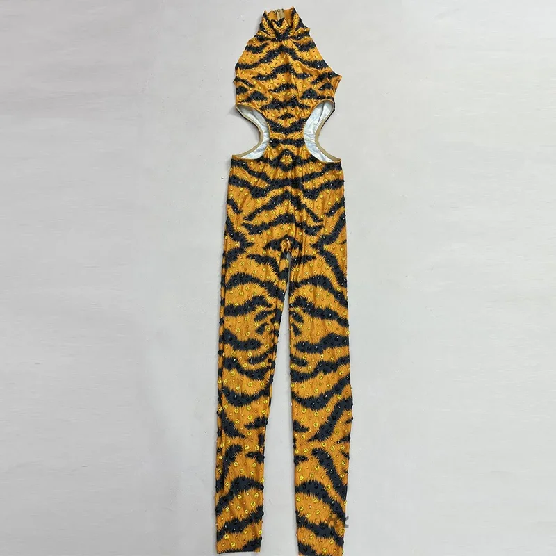 Tiger Pattern Rhinestones Jumpsuit Women Party Gogo Dance Costume Nightclub Dj Ds Rave Outfit Stage Festival Cloth
