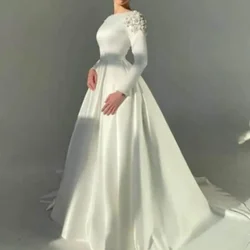 Elegant Muslim Wedding Dress 2024 Vestidos De Novia Customizd Luxury Flowers Satin Simple Vintage Long Sleeve Bridal Gowns