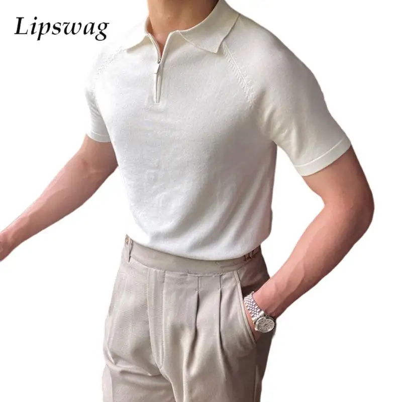 

Simple Pure Color Knitted Mens Polo Shirt Short Sleeve Buttoned Polo Collar Knit Shirts Men Summer New Casual Slim Knitting Tops