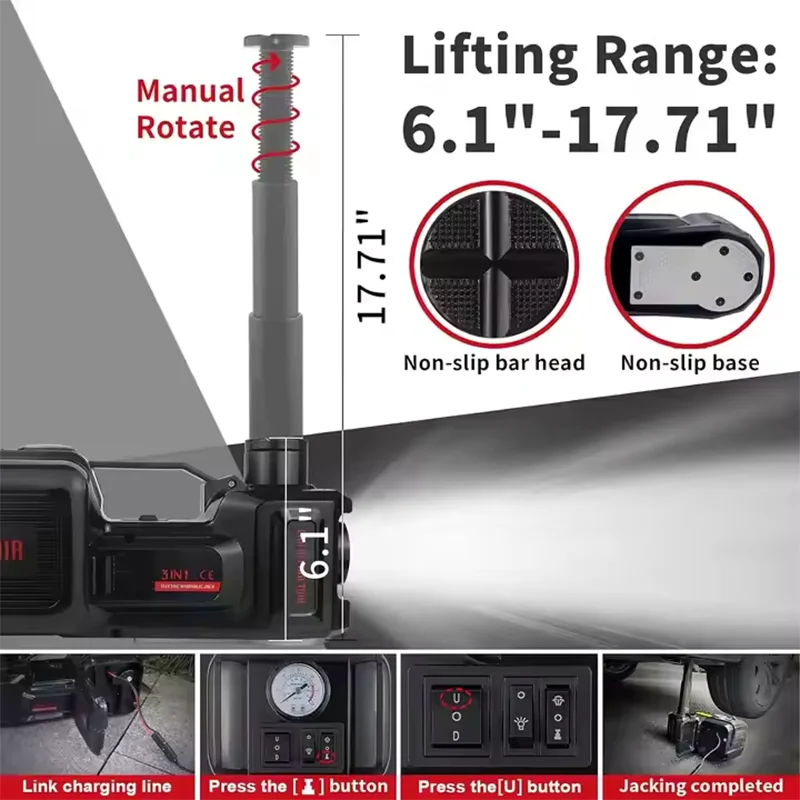 3 in 1 Electric Hydraulic Car Jack Kit 12V 5Ton Electric Jack With Impact Wrench Tire Inflator Repair Lift Tool