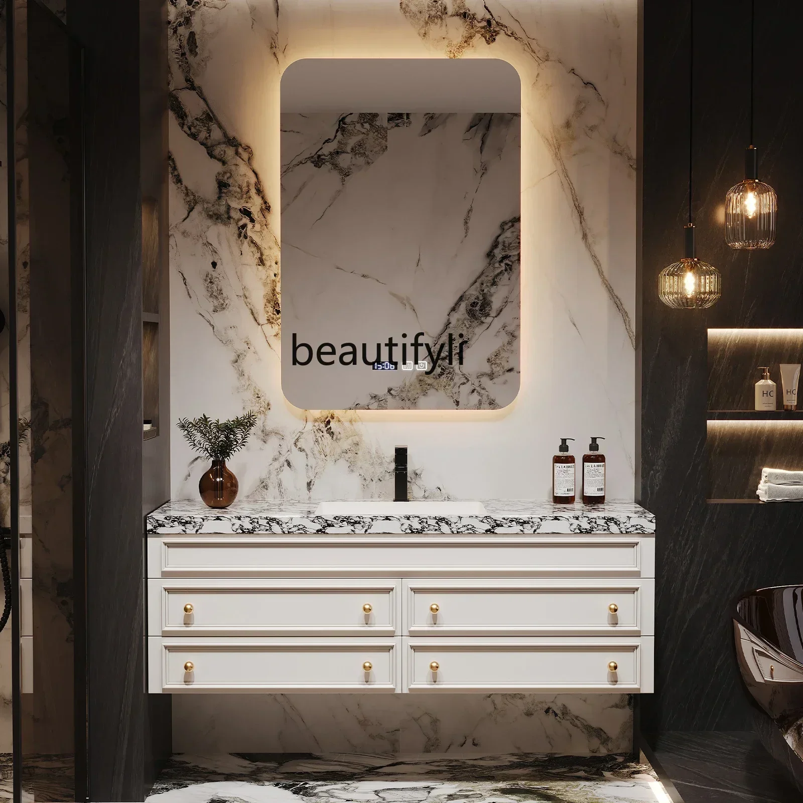 

French light luxury bathroom cabinet combination solid wood rock slab wash basin retro wash table