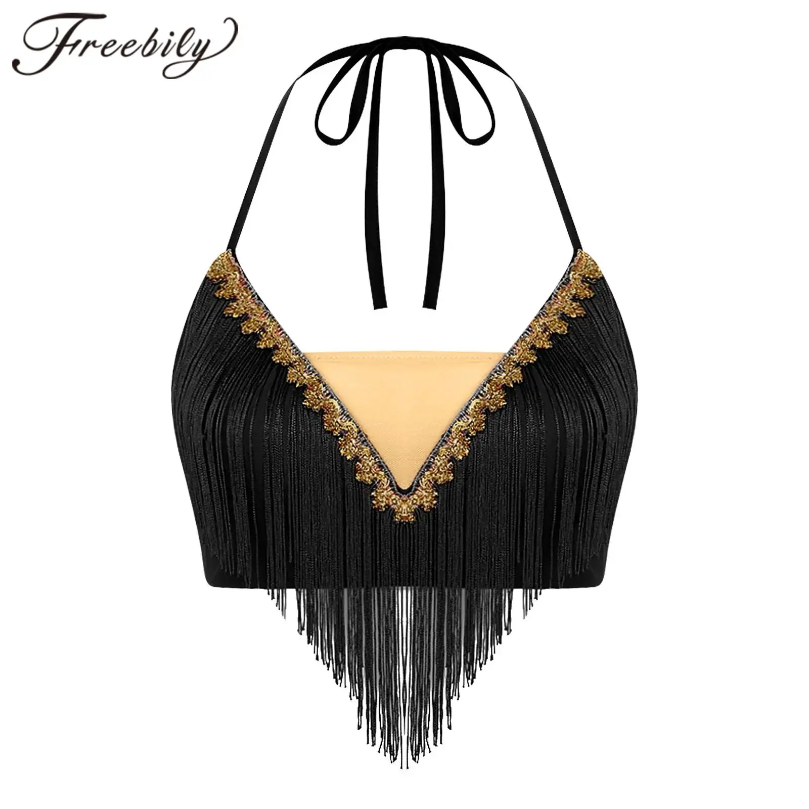 Women Fringed Bra Crop Top Halter Tassel Dance Tops Rave Outfit Bellydance Music Festival Party Tops Arabian Belly Dance Costume