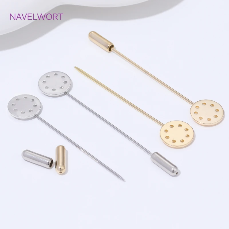 14K مطلية بالذهب بروش طويل دبابيس الأمان 12 مللي متر قاعدة فارغة الصواني ، DIY بها بنفسك دبابيس مستلزمات صناعة المجوهرات ، اكسسوارات للنساء